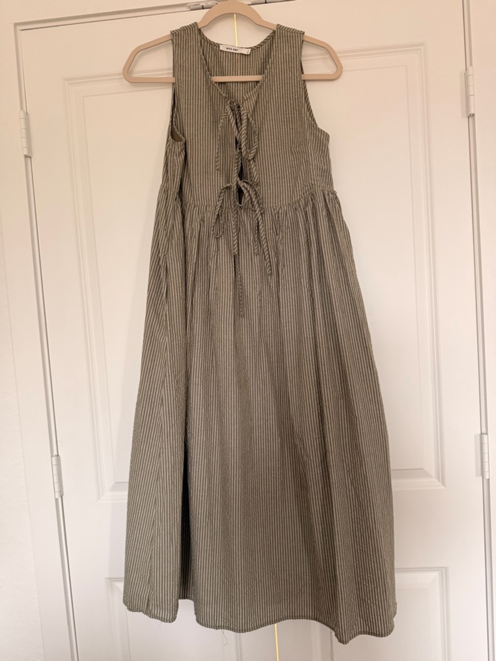 Mod Ref Olive-Stripe Tie Front Sleeveless Dress